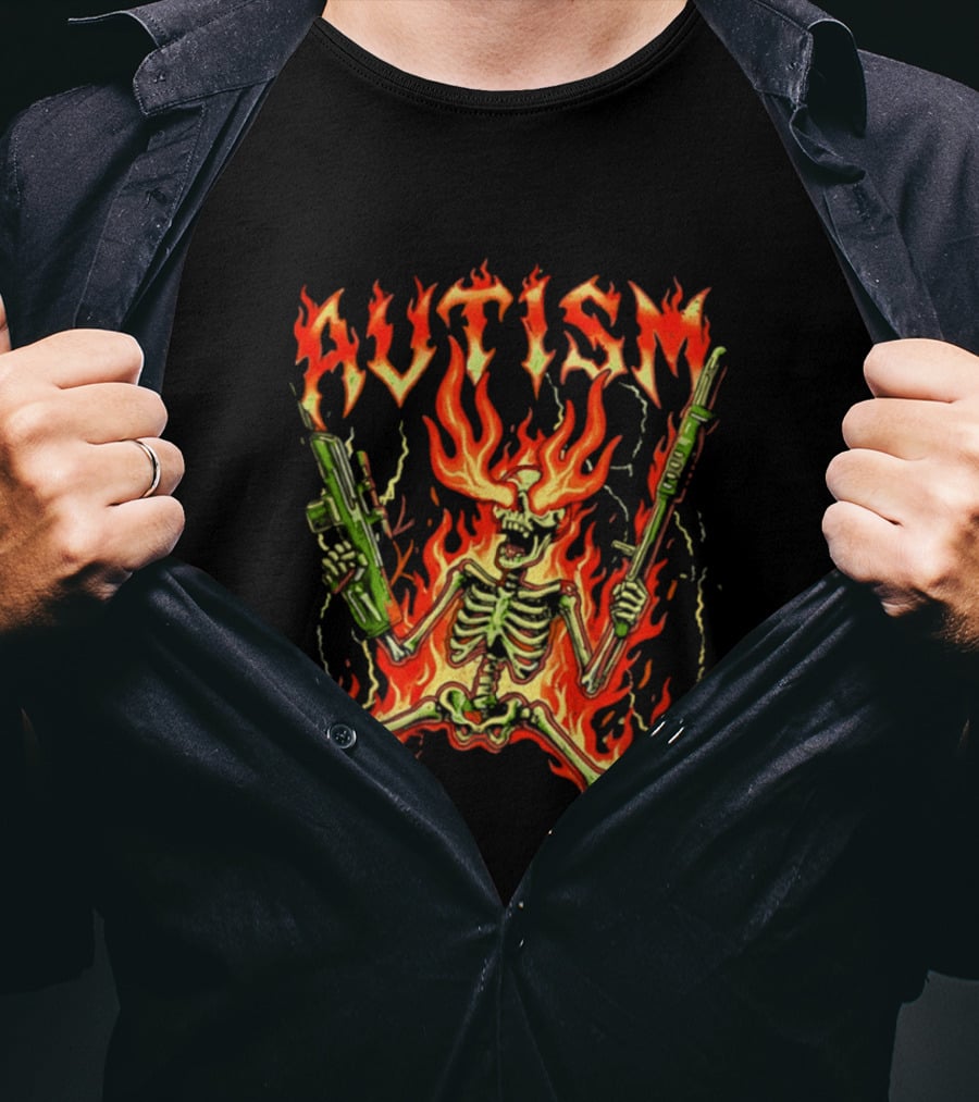 Skeleton Blazing Holding Two Rifle Guns Autism Flame T-Shirt