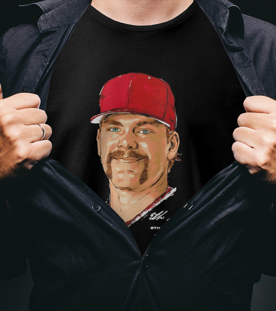 Ethan McElvain Arkansas Razorbacks Baseball Player Portrait In Red Cap T-Shirt