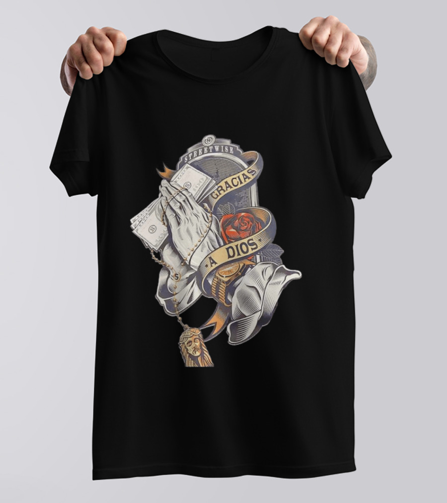 Streetwise Gracias A Dios Prayer Hands Rose Rosary T-Shirt