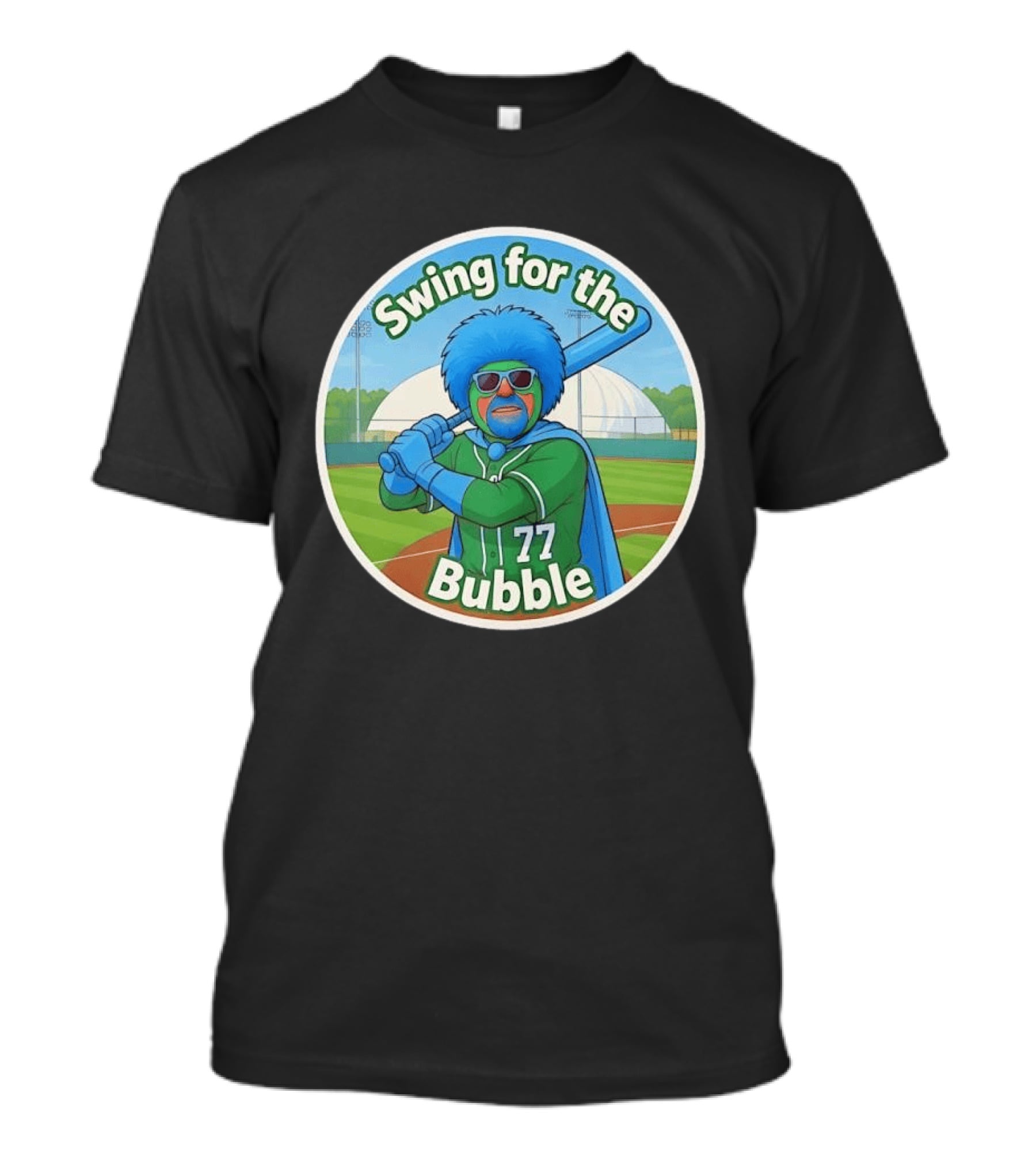 Swing For The Bubble 77 Baseball Cartoon Player Stadium T-Shirt