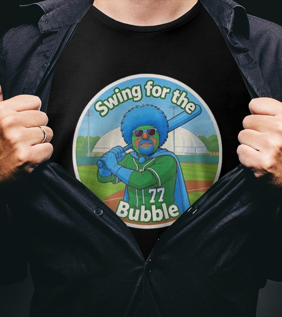Swing For The Bubble 77 Baseball Cartoon Player Stadium T-Shirt