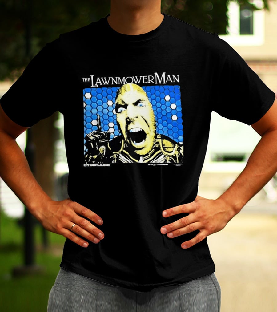 The Lawnmower Man Futuristic Cybernetic Face Against Blue Hexagon T-Shirt