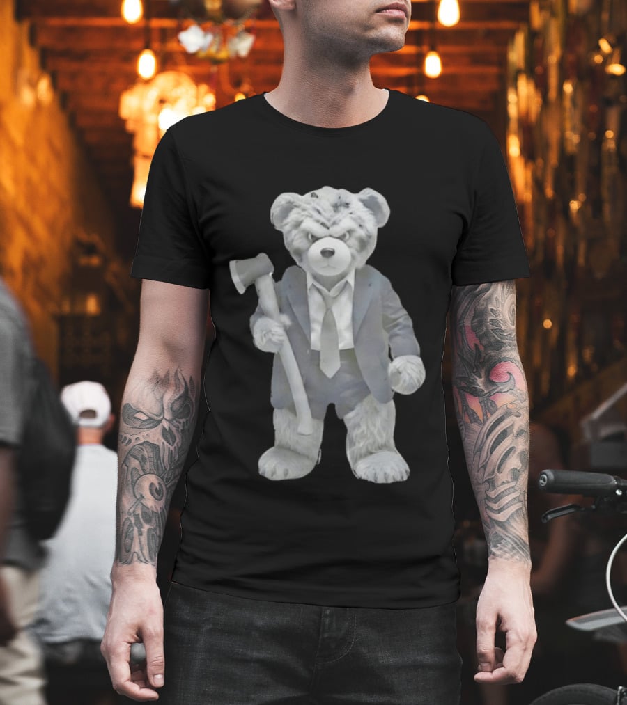 Grumpy Teddy Bear In Suit Holding Axe Horror T-Shirt