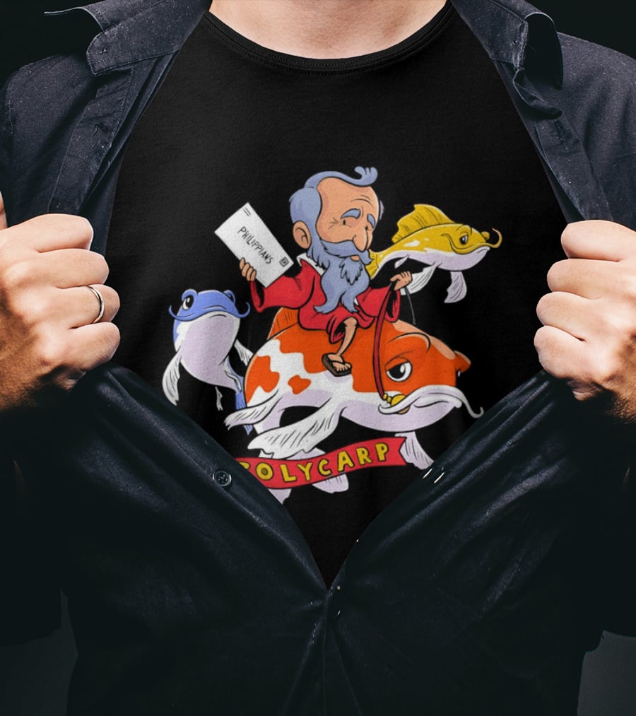 Polycarp Philippians Cartoon Elder Riding Giant Koi Fish With Scroll And Whimsical Sea Creatures T-Shirt