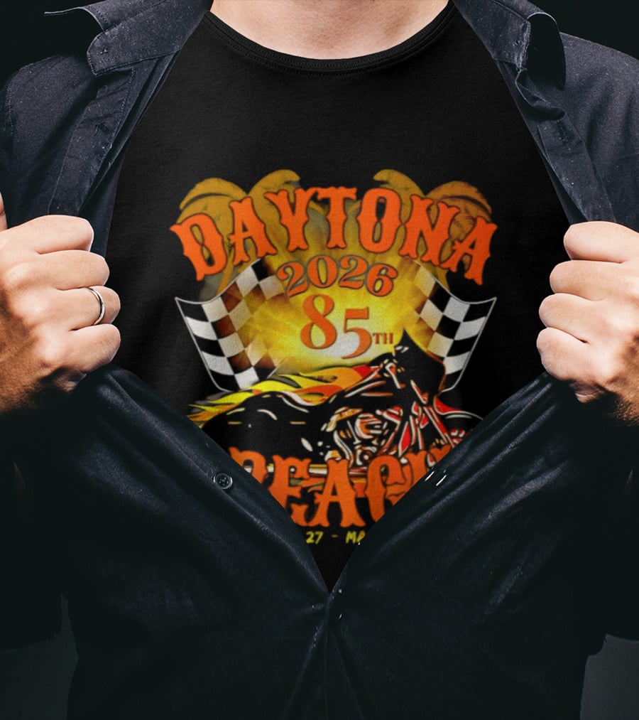 Daytona Beach 2026 85th Anniversary February 27 To March 6 With Motorcycle And Checkered Flag T-Shirt