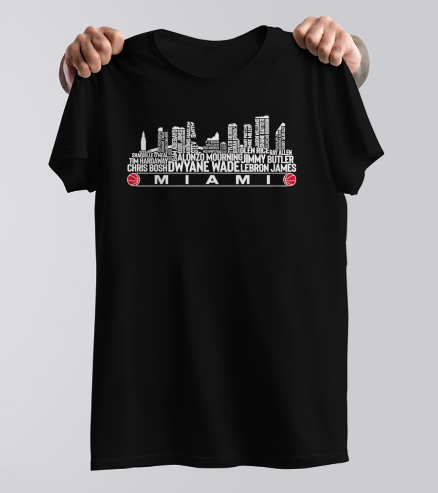 Miami City Skyline Basketball Legends Dwyane Wade LeBron James Jimmy Butler Chris Bosh T-Shirt