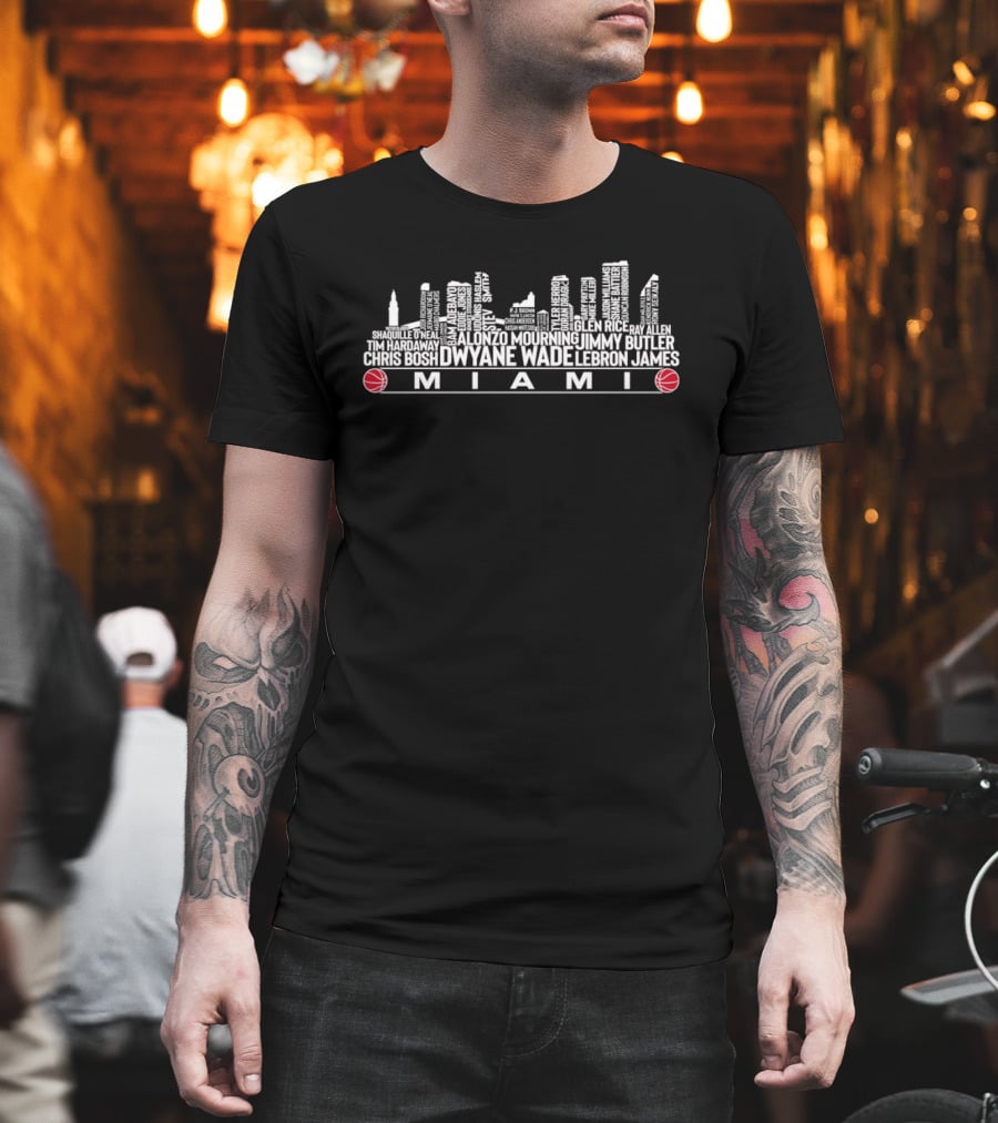 Miami City Skyline Basketball Legends Dwyane Wade LeBron James Jimmy Butler Chris Bosh T-Shirt