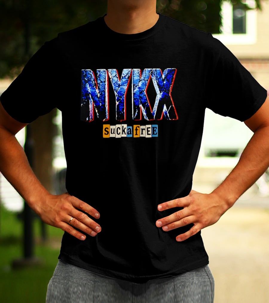 NYKX Sucka Free Bold Blue Text With Colorful Block Letters T-Shirt