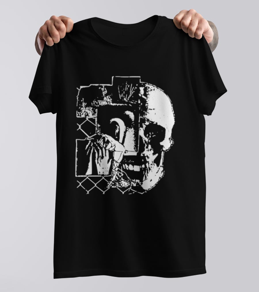 Harms Way Chain Link Skull 2026 Distorted Surreal White Design With Fence T-Shirt