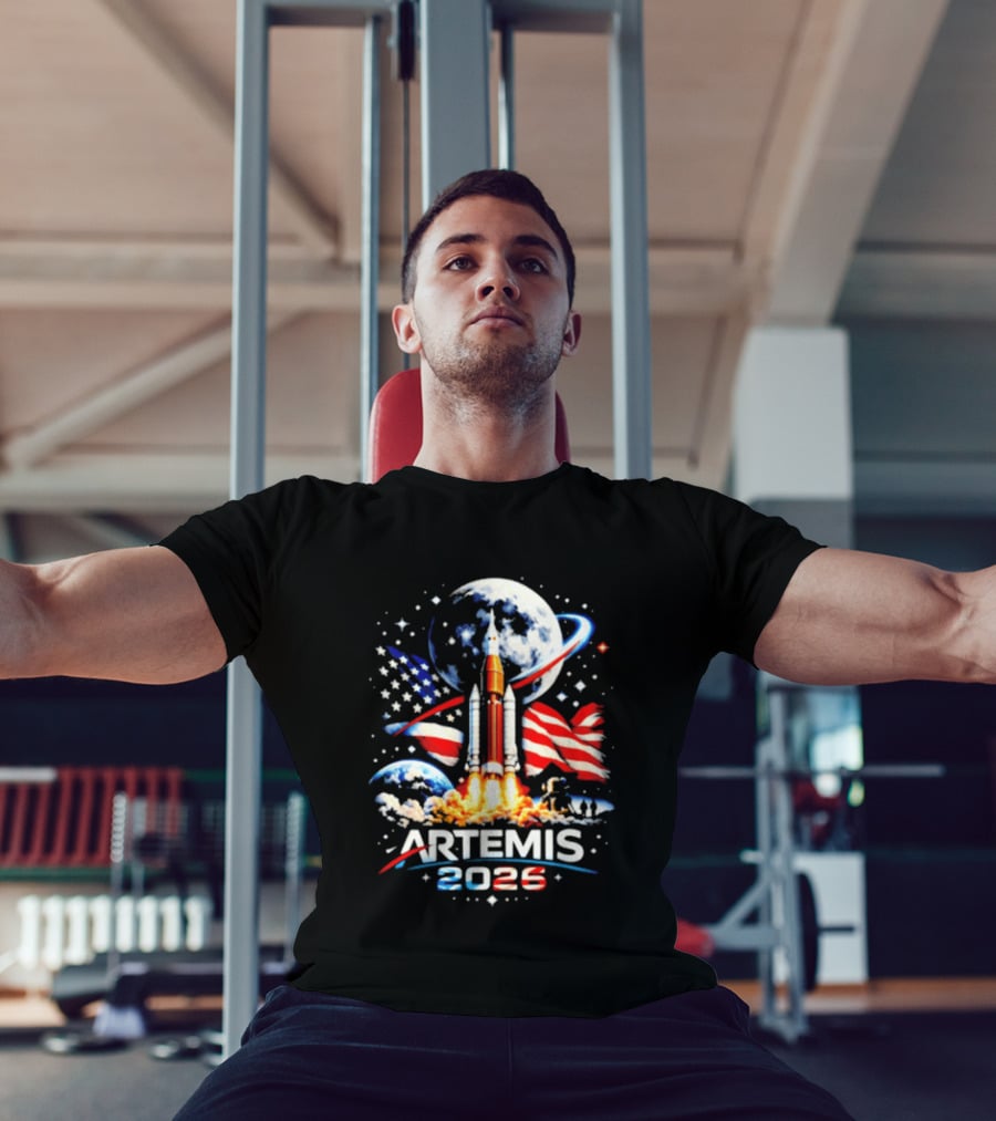 Artemis 2025 Rocket Launch USA Flag Moon Exploration T-Shirt