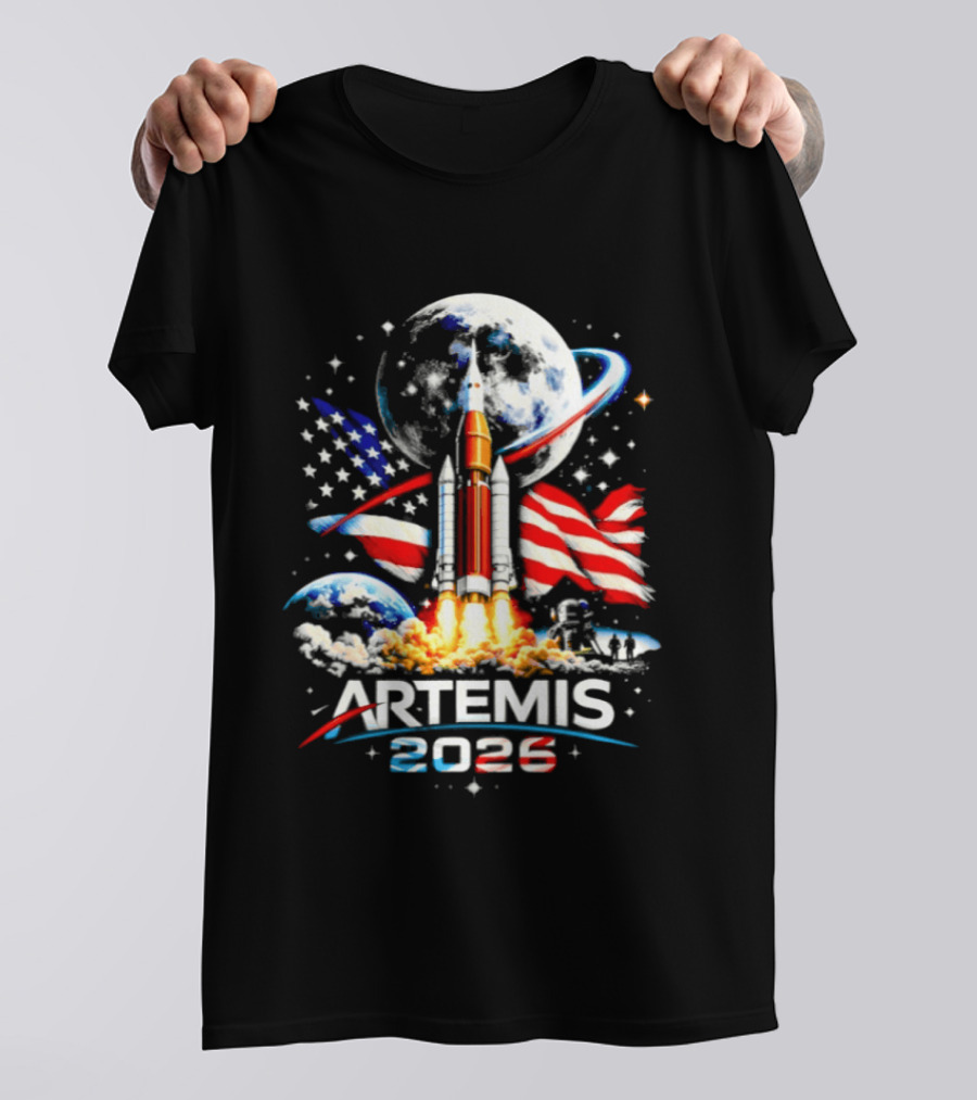 Artemis 2026 Moon Mission American Rocket Launch With Flag And Stars T-Shirt