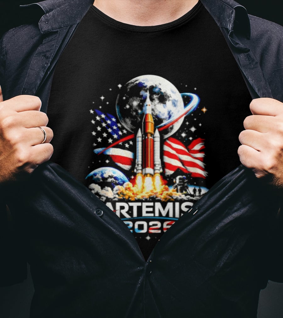 Artemis 2026 Moon Mission American Rocket Launch With Flag And Stars T-Shirt