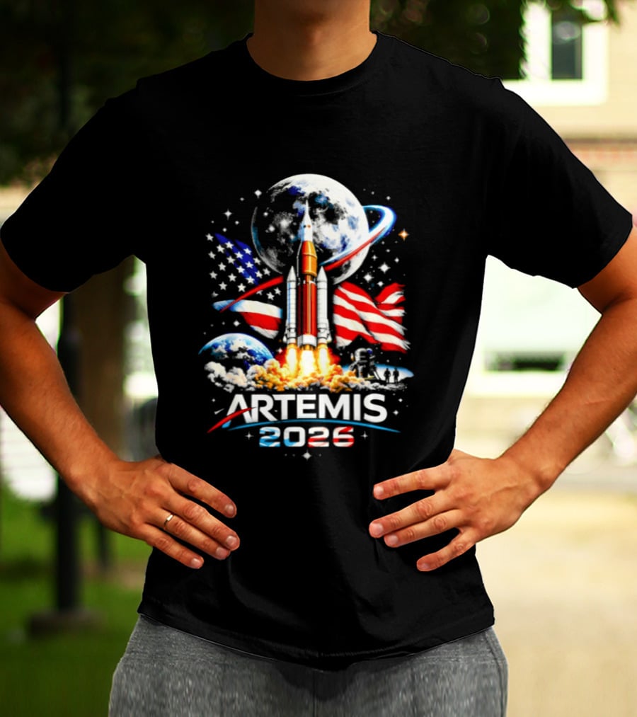 Artemis 2026 Moon Mission American Rocket Launch With Flag And Stars T-Shirt