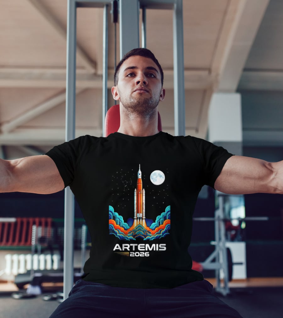Artemis 2026 Moon Mission Rocket Launch With Vibrant Waves And Full Moon T-Shirt