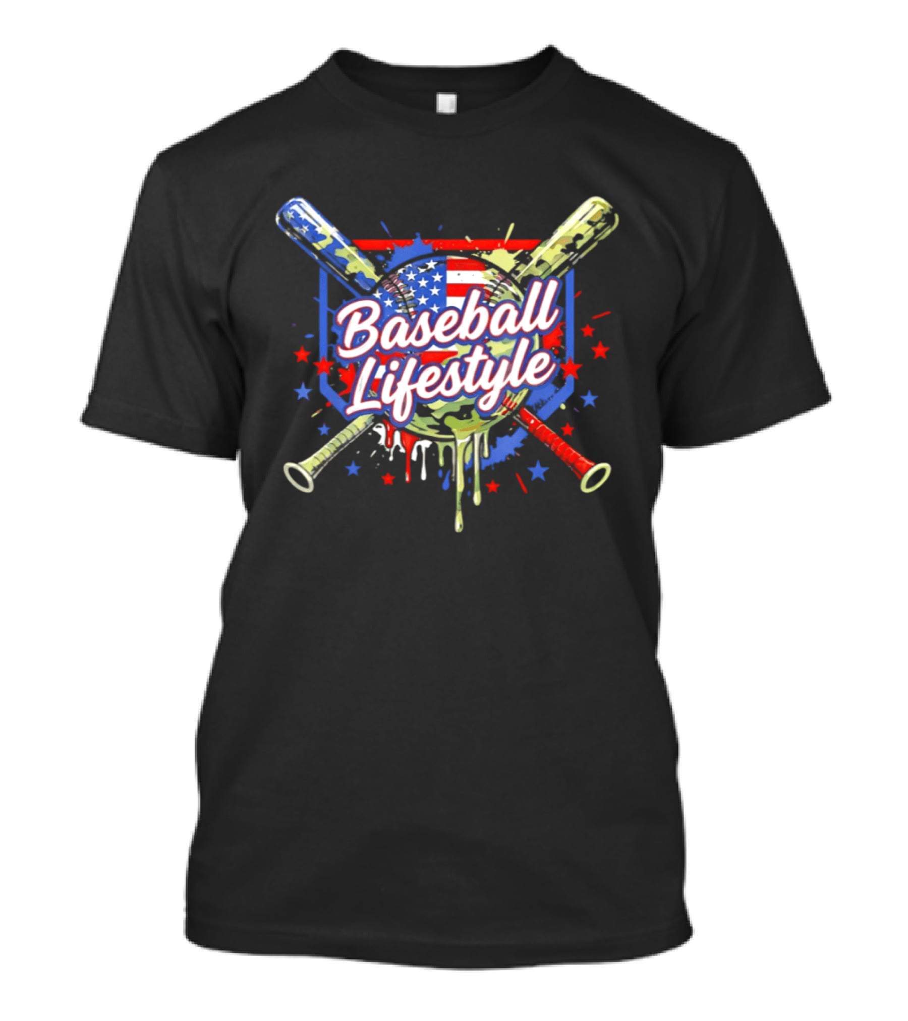 Baseball Lifestyle Camo American Flag Bats Stars Paint Splatter T-Shirt