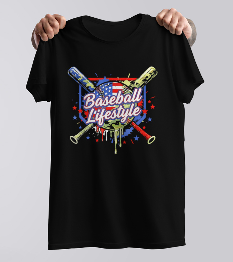 Baseball Lifestyle Camo American Flag Bats Stars Paint Splatter T-Shirt