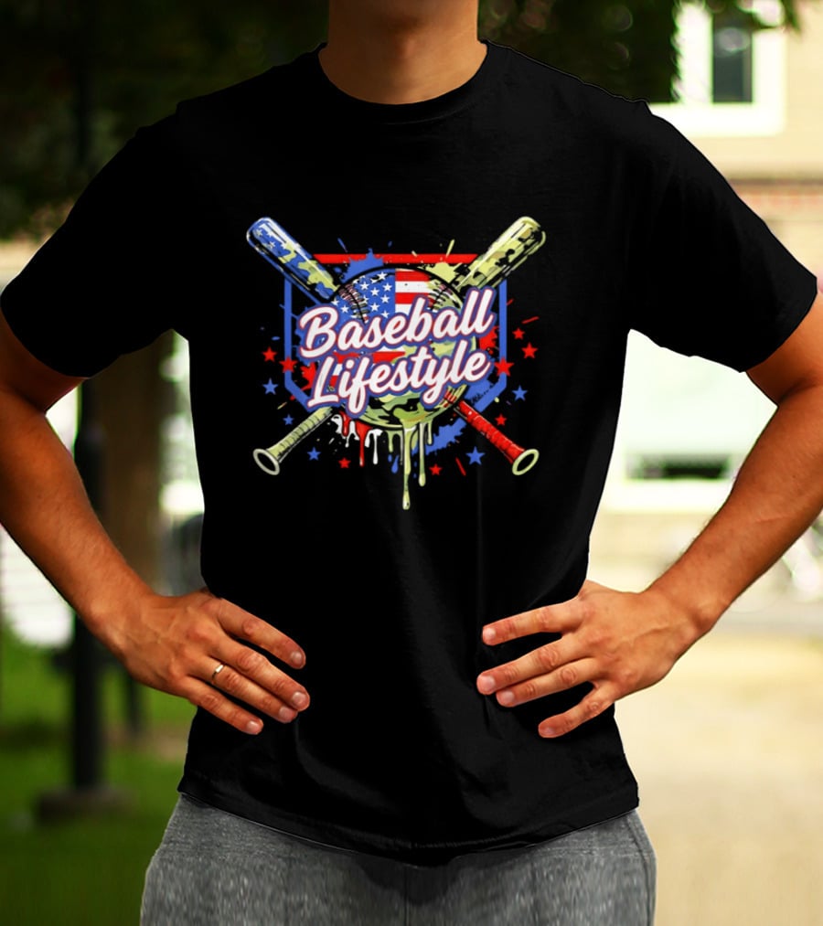 Baseball Lifestyle Camo American Flag Bats Stars Paint Splatter T-Shirt