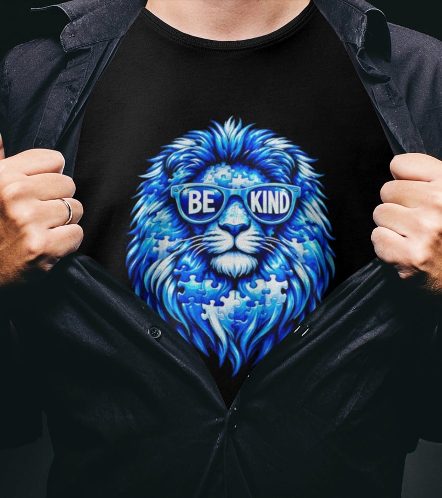 Blue Lion Be Kind Sunglasses Autism Awareness Puzzle T-Shirt