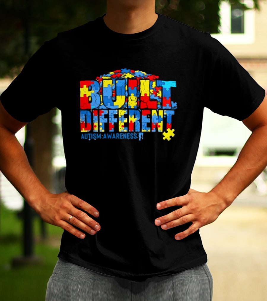 Built Different Autism Awareness Puzzle Piece Multicolor T-Shirt