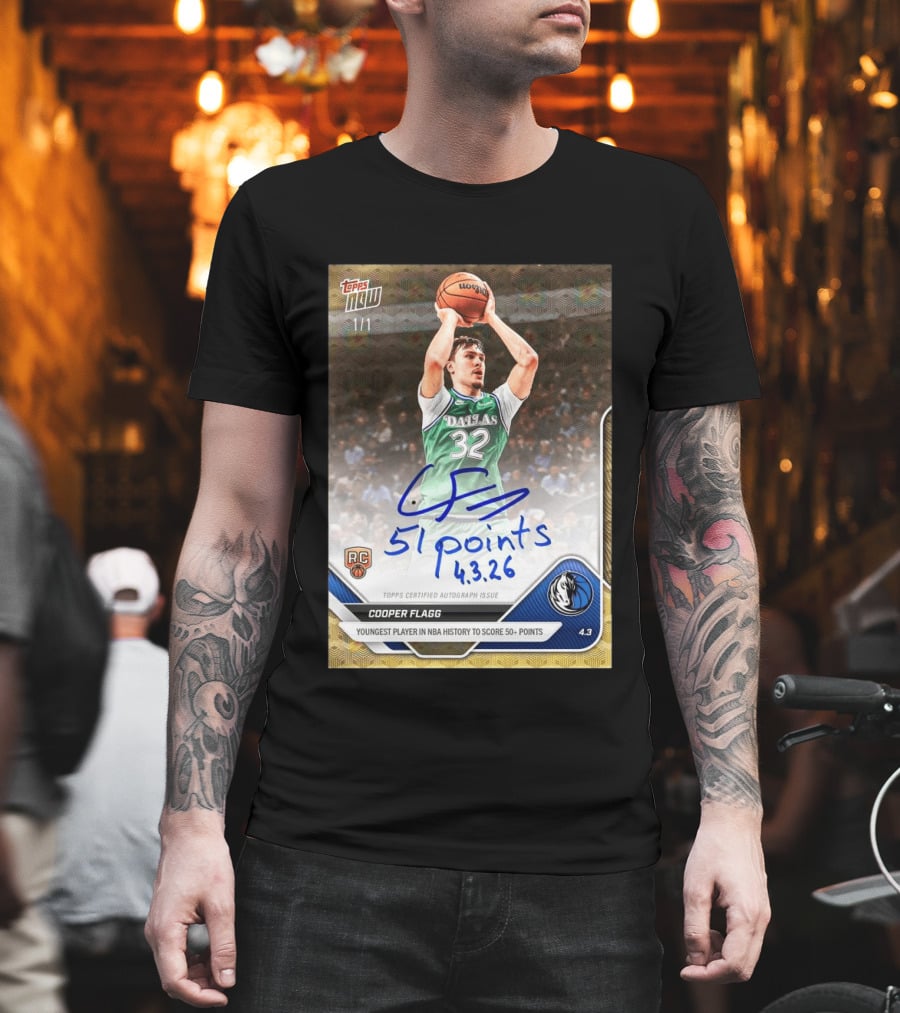 Topps Now Cooper Flagg 51 Points Youngest NBA History Dallas Mavericks Rookie Card T-Shirt