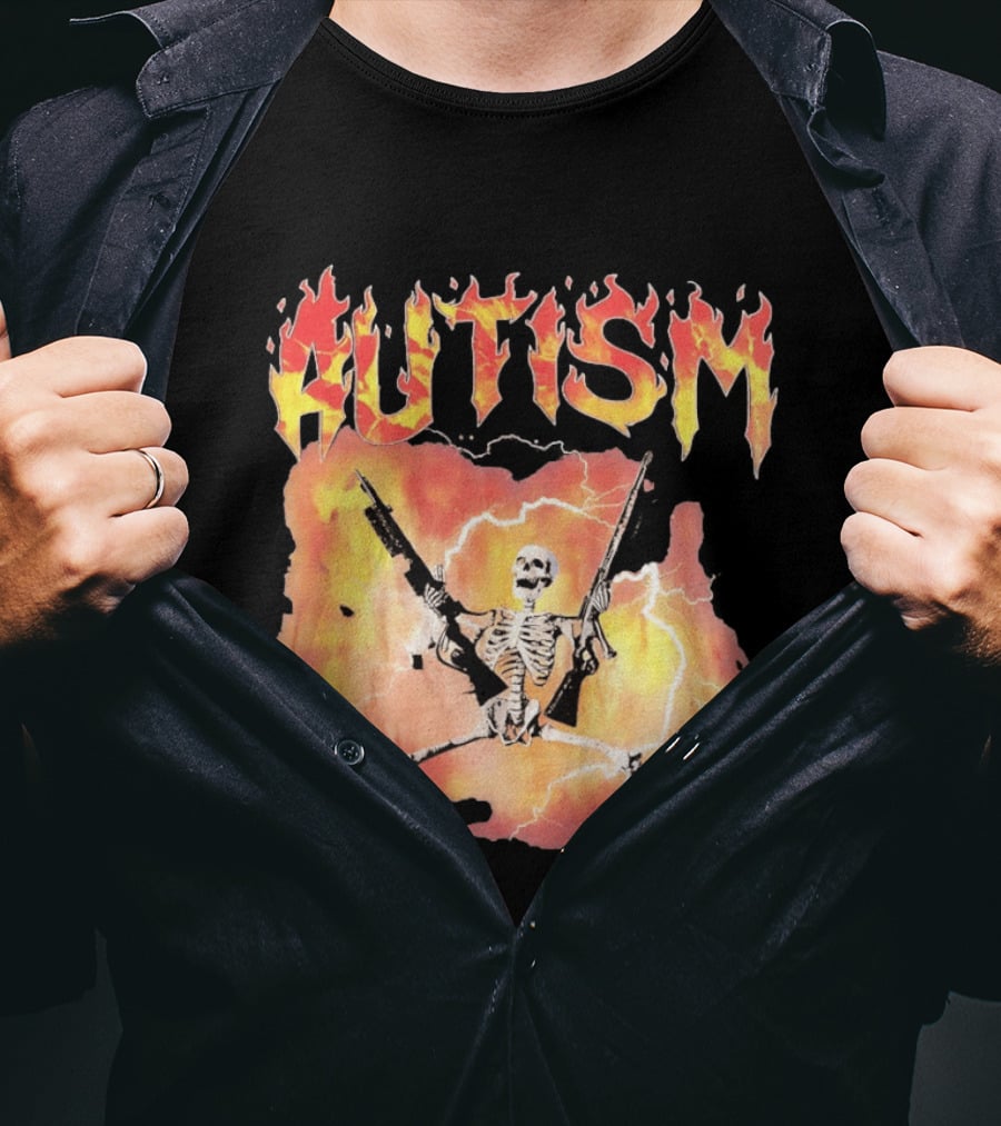 Autism Flaming Skeleton Meme Guns Edgy Fire T-Shirt