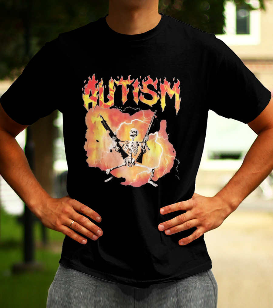 Autism Flaming Skeleton Meme Guns Edgy Fire T-Shirt