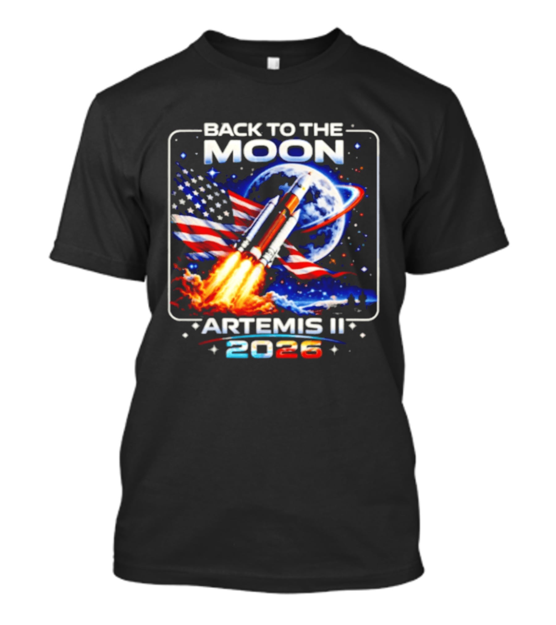 Back To The Moon Artemis II 2026 Rocket Launch Space Mission USA Flag T-Shirt