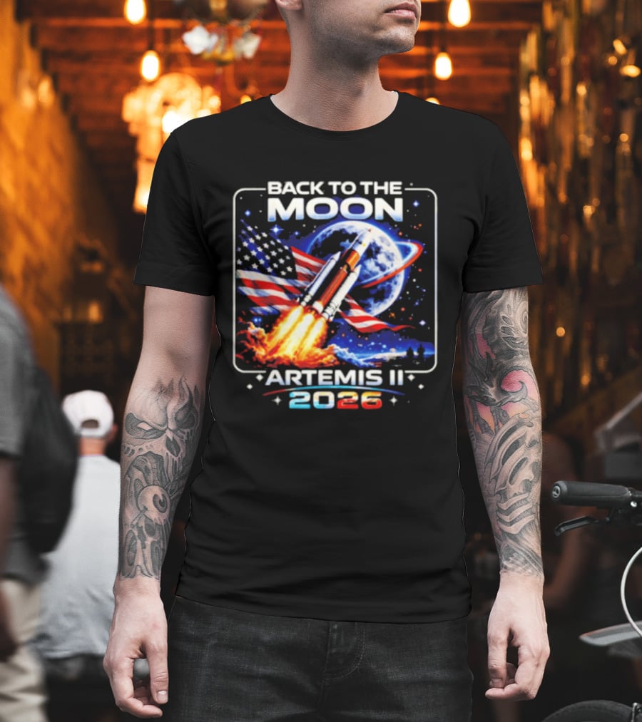 Back To The Moon Artemis II 2026 Rocket Launch Space Mission USA Flag T-Shirt