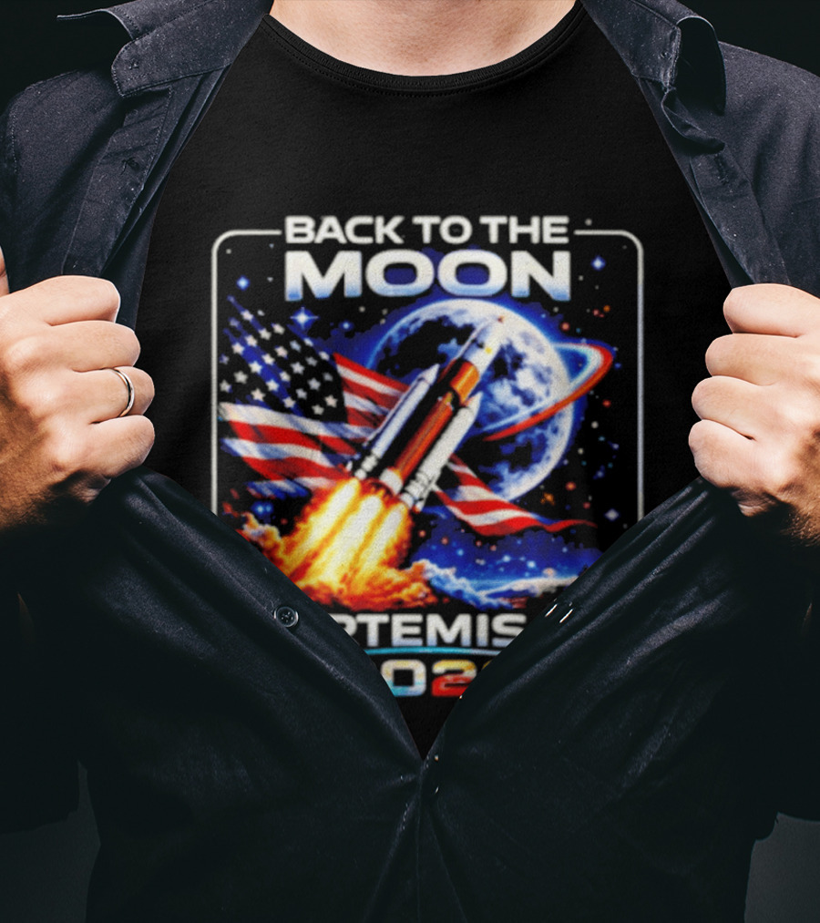 Back To The Moon Artemis II 2026 Rocket Launch Space Mission USA Flag T-Shirt