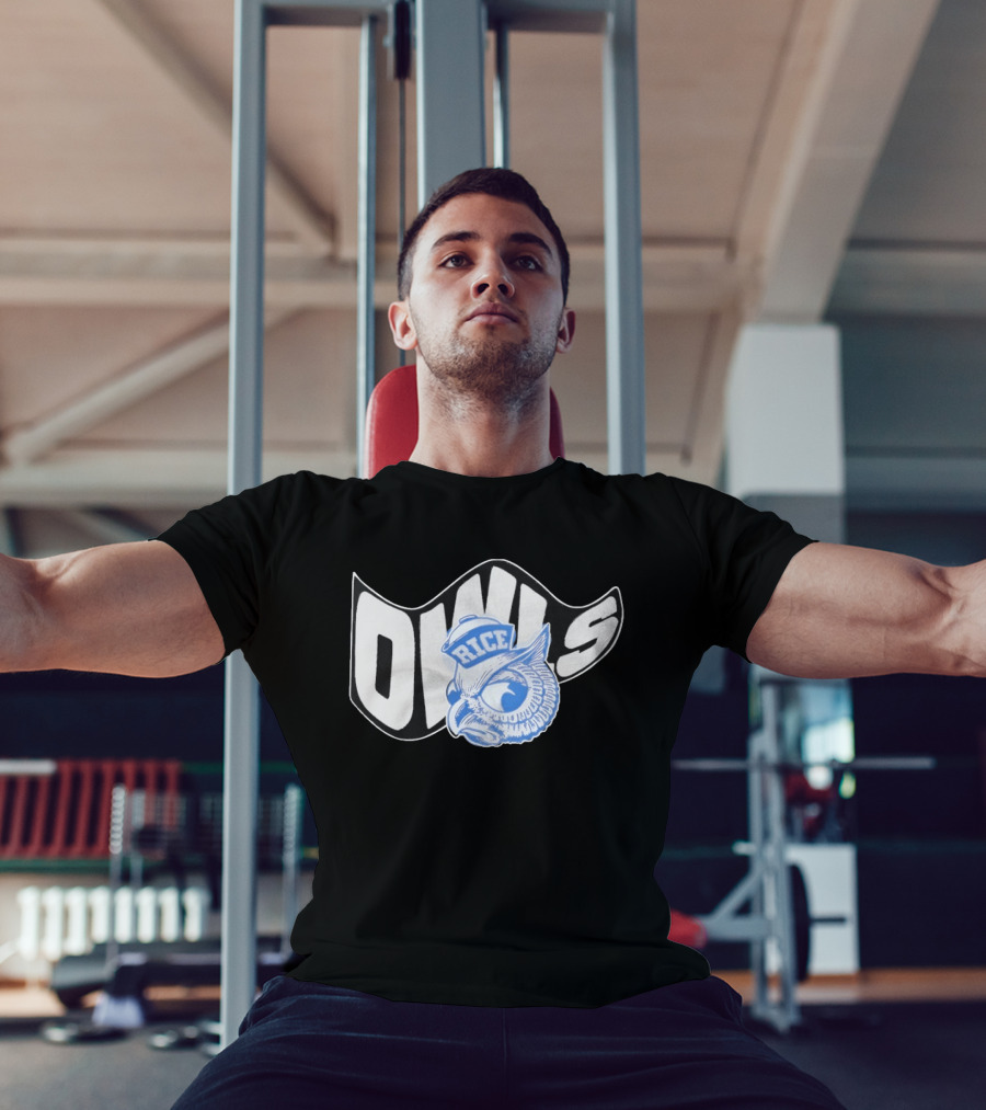 Rice Owls Waving Flag Bold Script With Blue Owl T-Shirt