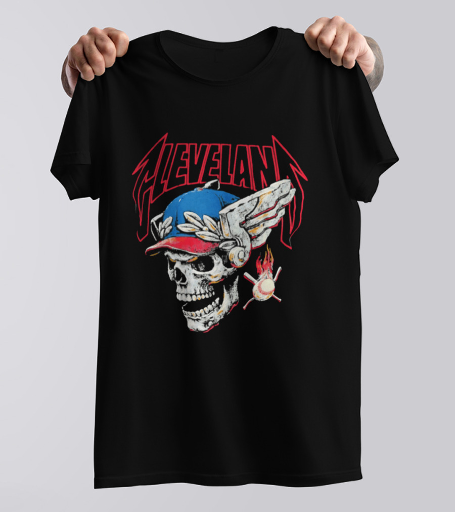 Cleveland Skull Flames Winged Helmet Baseball Bat And Ball T-Shirt