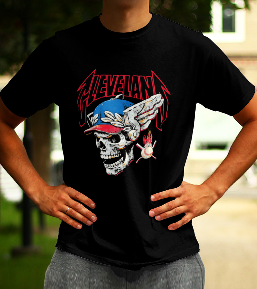 Cleveland Skull Flames Winged Helmet Baseball Bat And Ball T-Shirt
