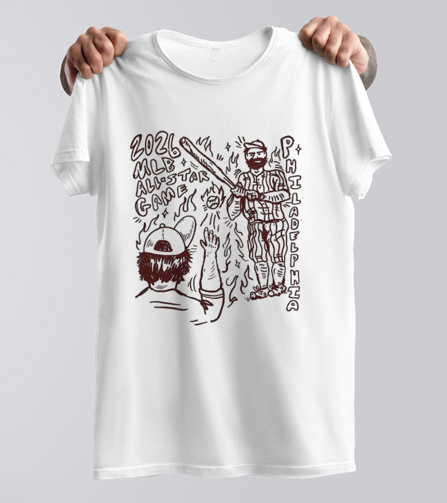 2026 MLB All Star Game Philadelphia Baseball Player And Bat With Flames And Cap T-Shirt