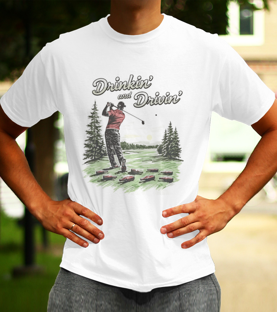 Drinkin' And Drivin' Man Playing Golf With Sunset And Trees T-Shirt