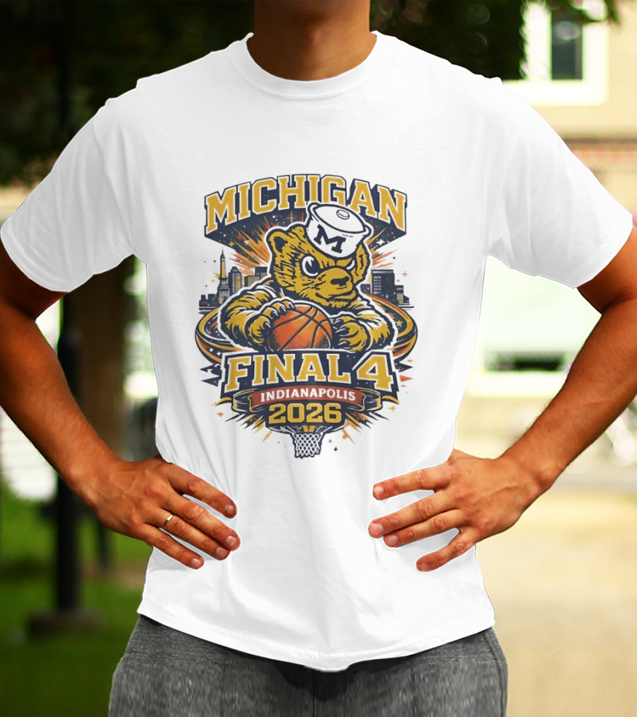 Michigan Wolverines Final Four 2026 Indianapolis Skyline Basketball Bear T-Shirt
