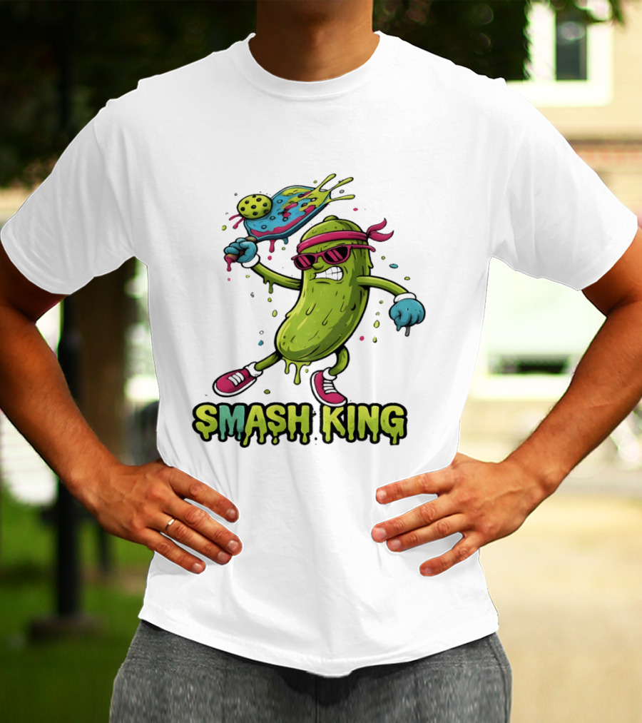 Smash King Pickleball Pickle Character With Paddle And Ball T-Shirt