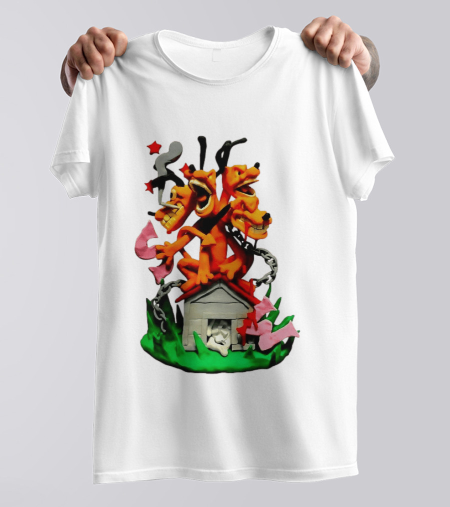Three Head Monster Dog Cerberus Cartoon Chain House Statue T-Shirt