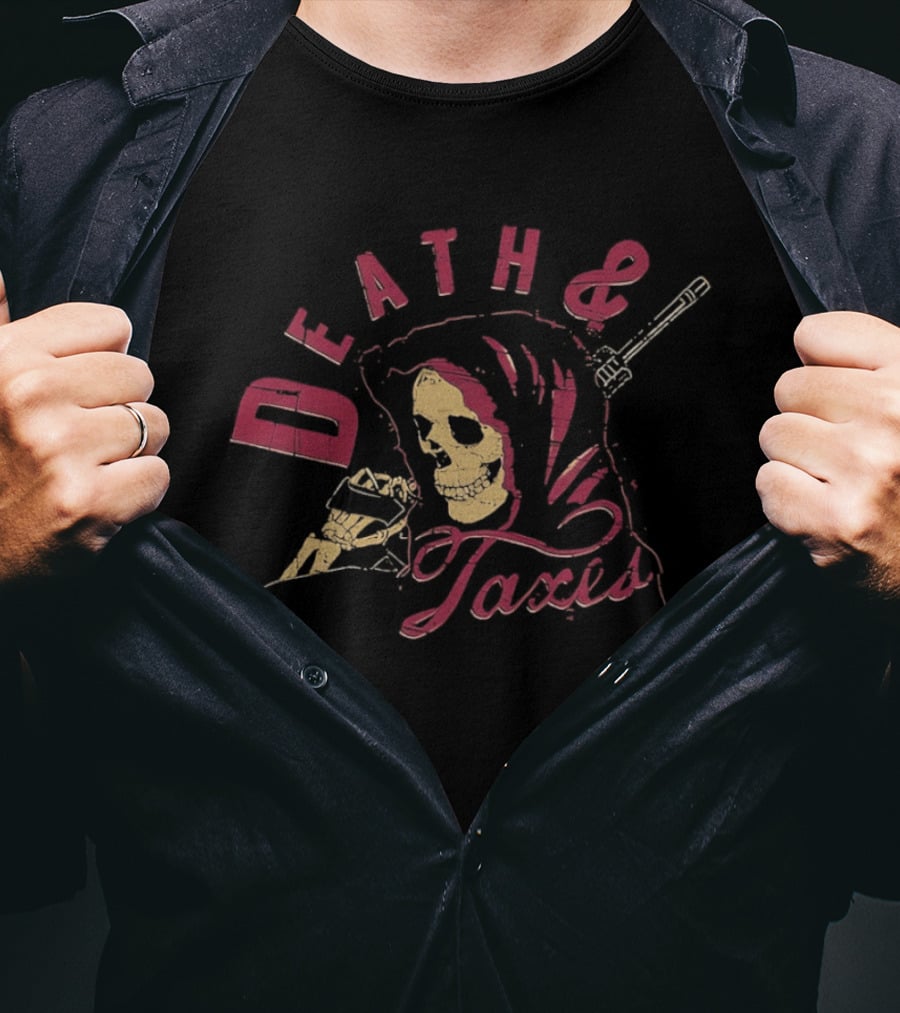 Death And Taxes Grim Reaper Skeleton Holding Scythe T-Shirt