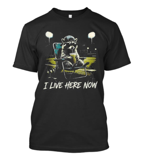 Raccoon I Live Here Now Baseball Ballfield Stadium Lights Sports T-Shirt