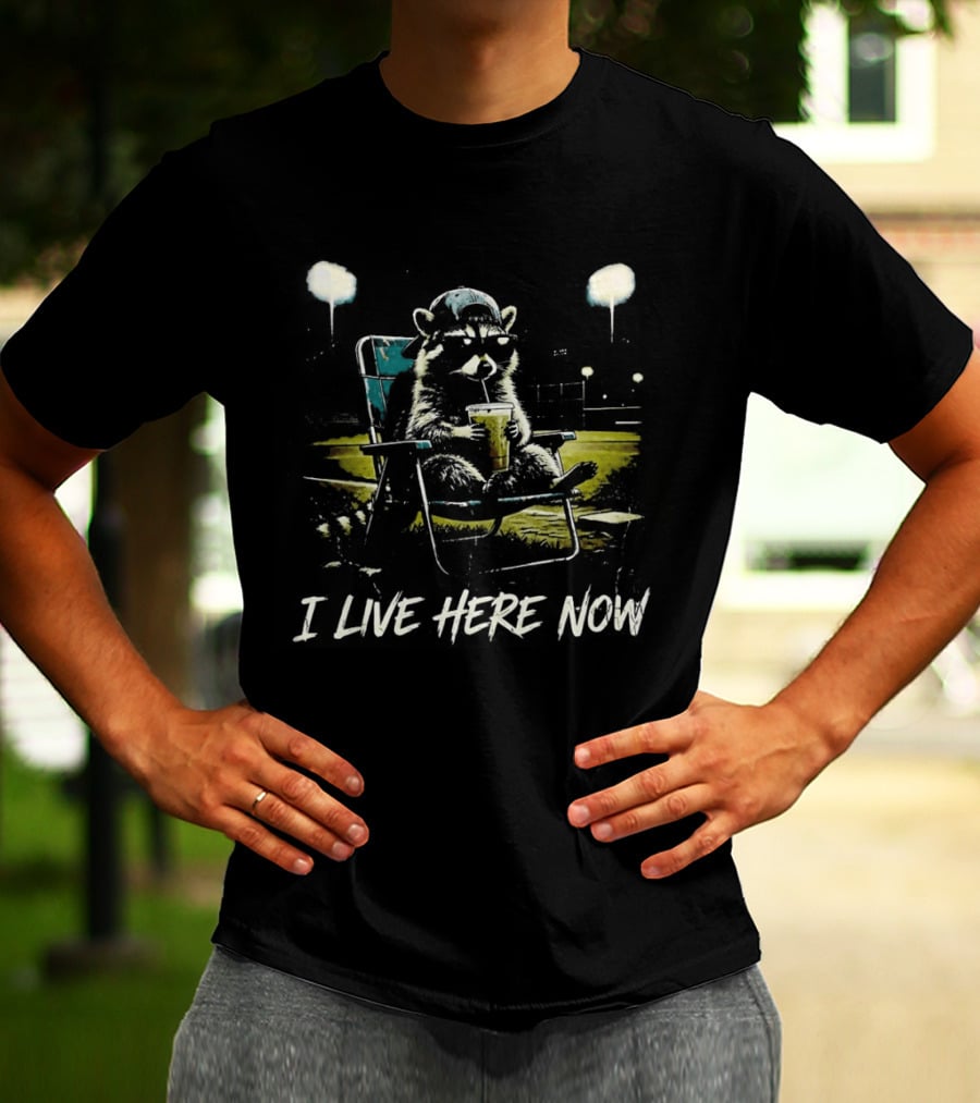 Raccoon I Live Here Now Baseball Ballfield Stadium Lights Sports T-Shirt