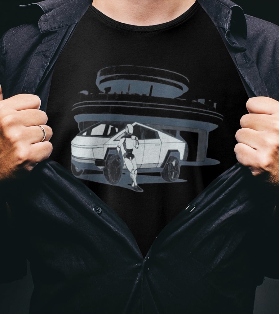 Tesla Cybertruck And Robot At Space Age Coffee Counter T-Shirt