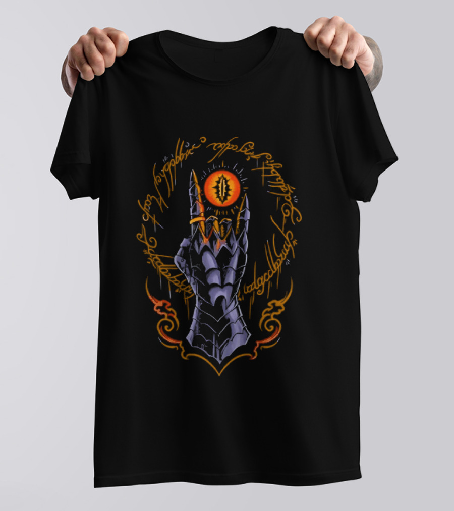 The Cursed One Heavy Metal Sauron Hand And Eye Icon With Elvish Script T-Shirt