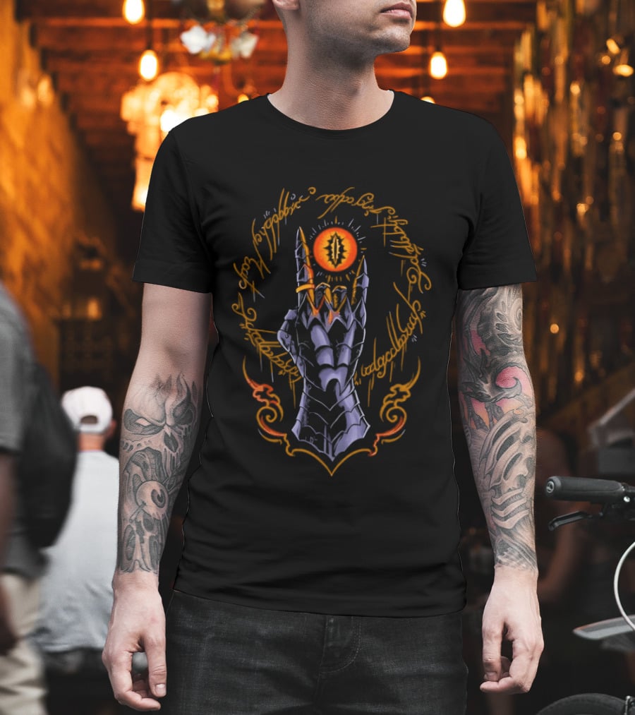 The Cursed One Heavy Metal Sauron Hand And Eye Icon With Elvish Script T-Shirt