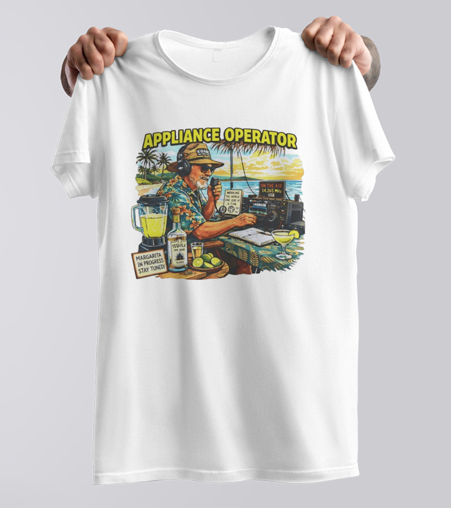Appliance Operator Radio Margarita In Progress Stay Tuned Beach Tropical Scene T-Shirt