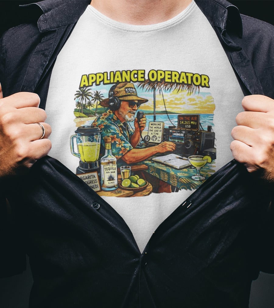 Appliance Operator Radio Margarita In Progress Stay Tuned Beach Tropical Scene T-Shirt