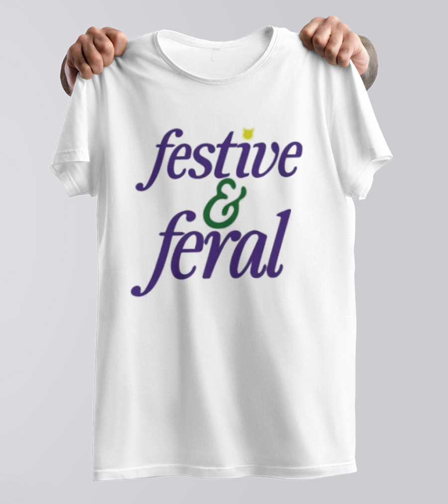 Festive And Feral Cat Head Antlers Text Holiday T-Shirt