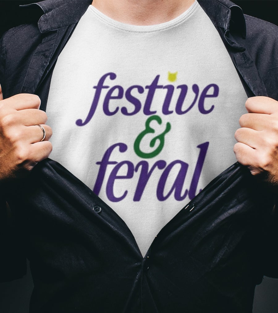 Festive And Feral Cat Head Antlers Text Holiday T-Shirt