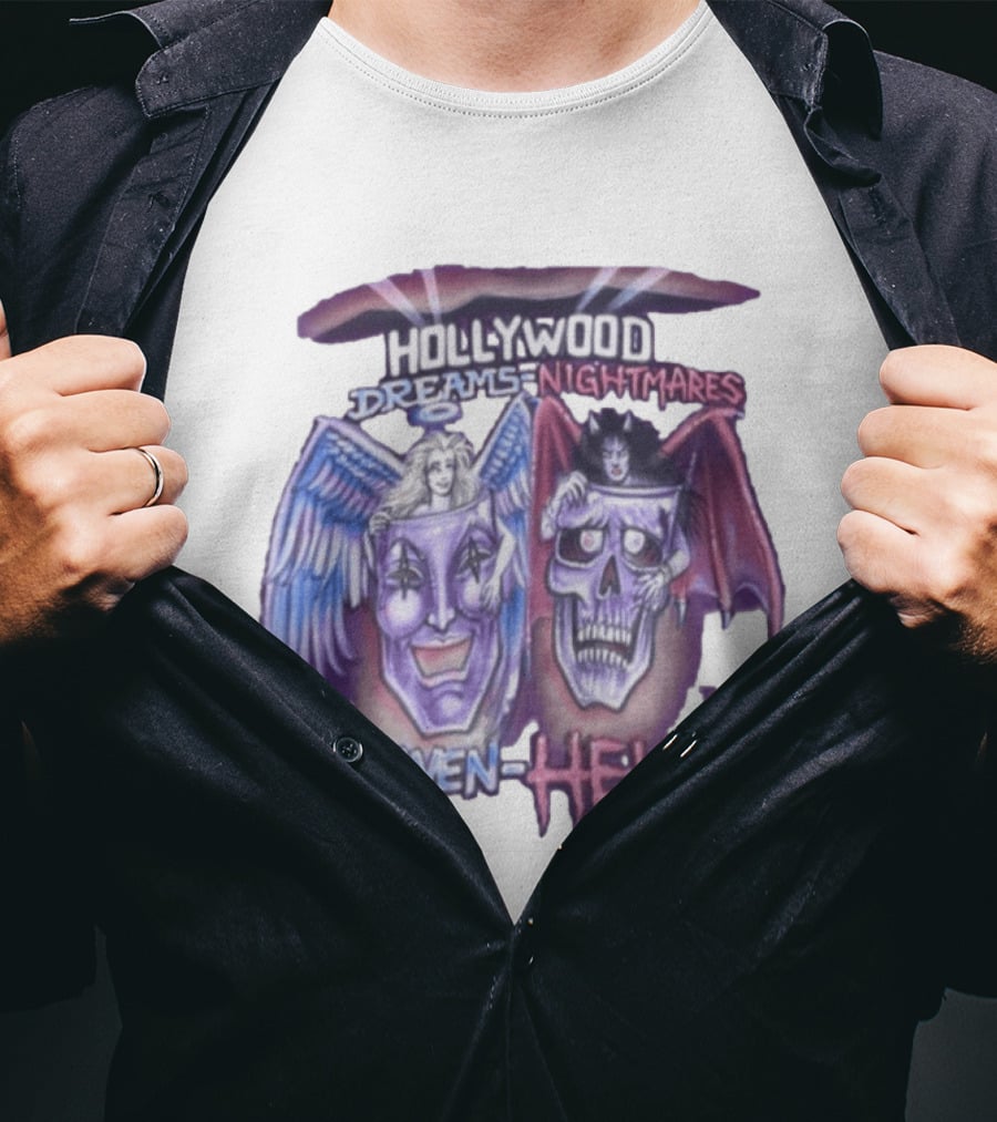 Hollywood Dreams Nightmares Heaven Hell Angel And Demon Skulls T-Shirt