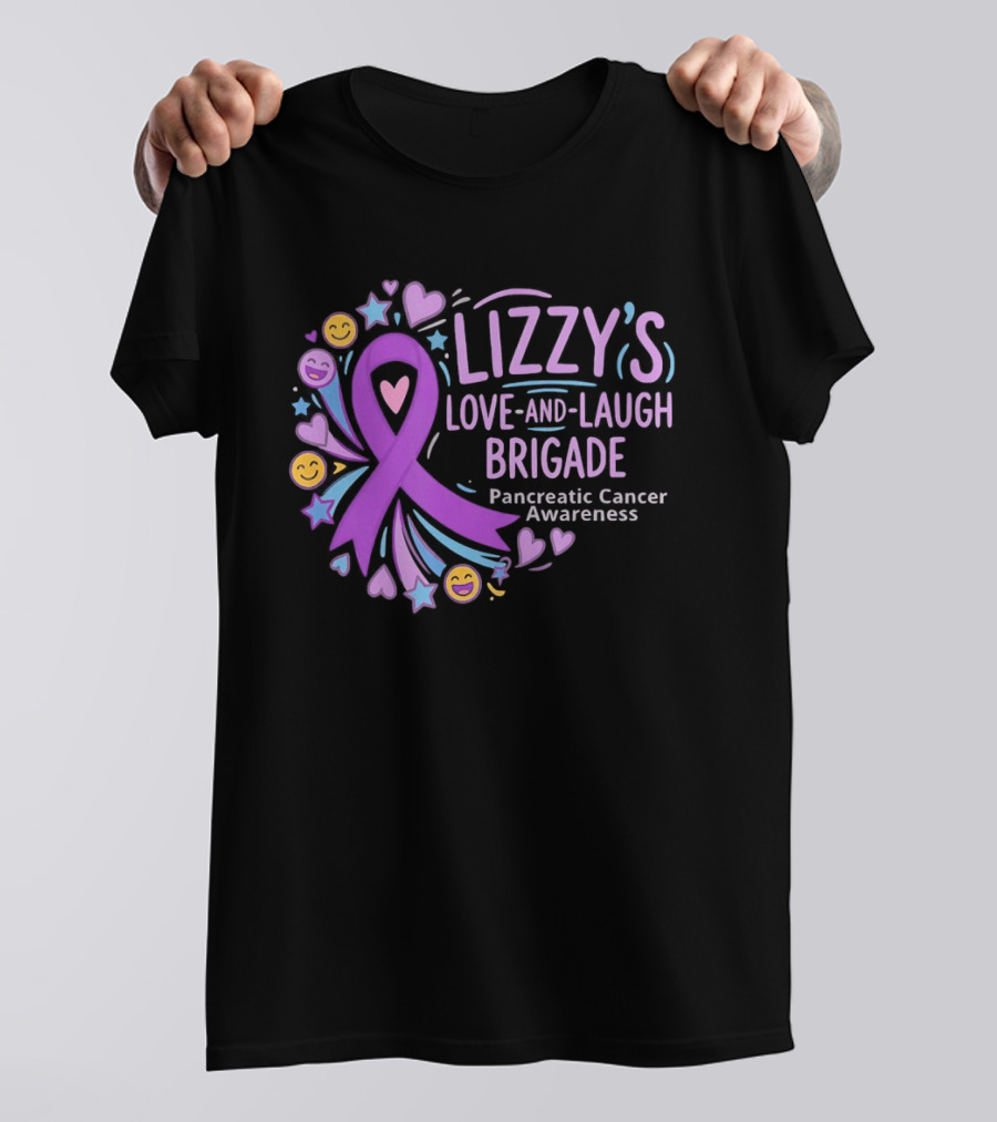 Lizzy's Love And Laugh Brigade Pancreatic Cancer Awareness Purple Ribbon Hearts And Smiles T-Shirt