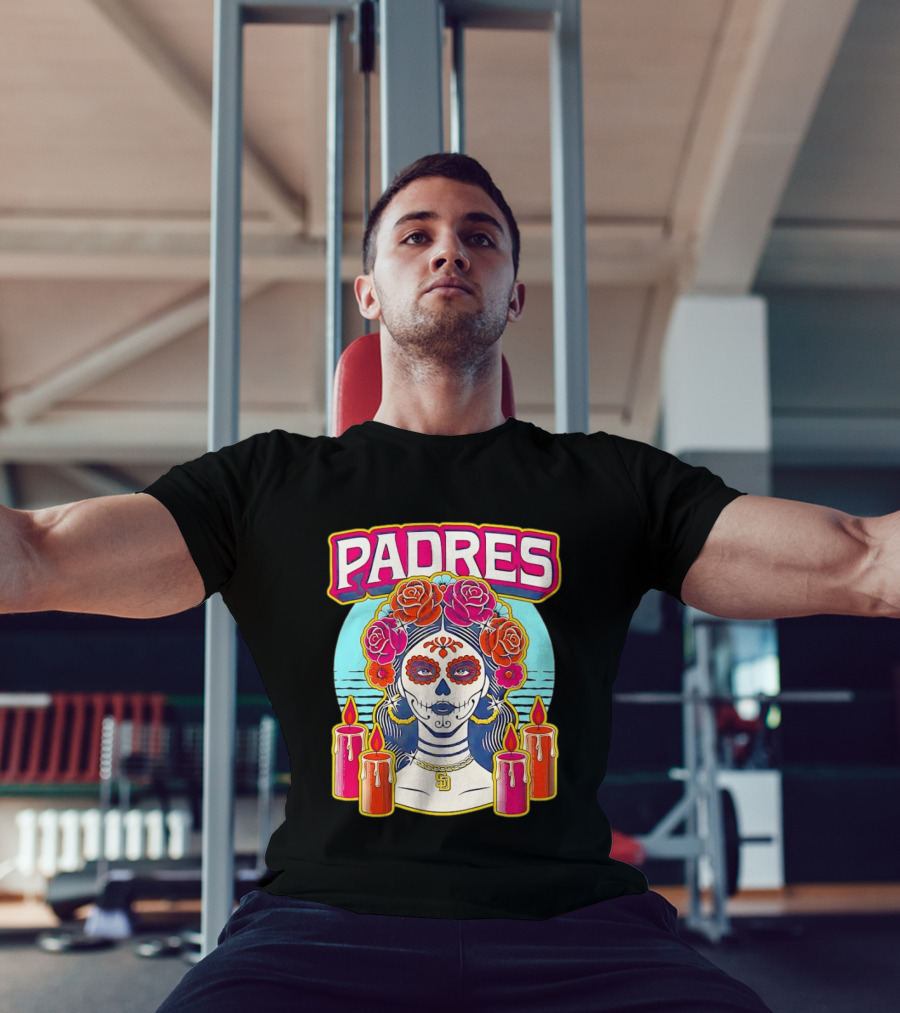 San Diego Padres La Catrina Dia De Los Muertos Candles And Flowers T-Shirt